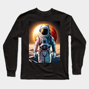 Spaceman astronaut with a red moon behind Long Sleeve T-Shirt